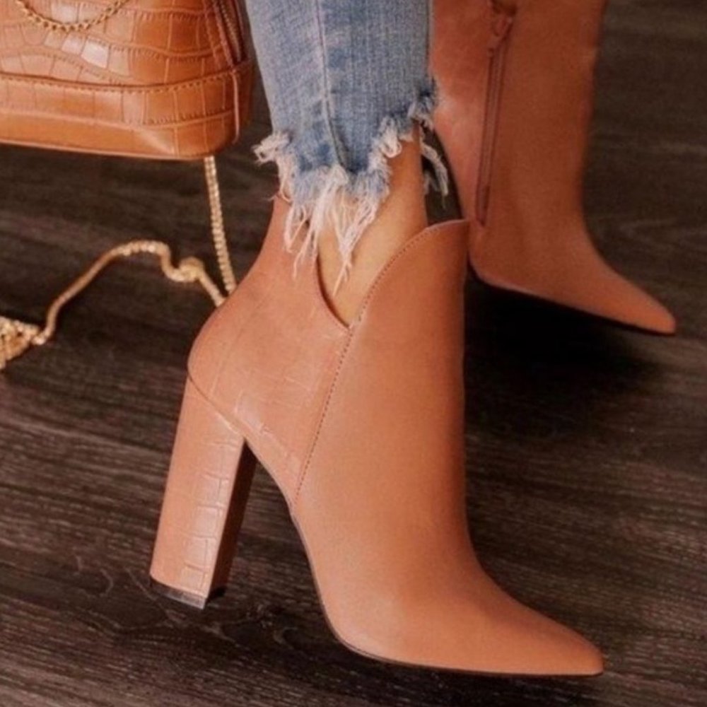 Mocha Snake Back Zip Up V Cut Block Heel Bootie